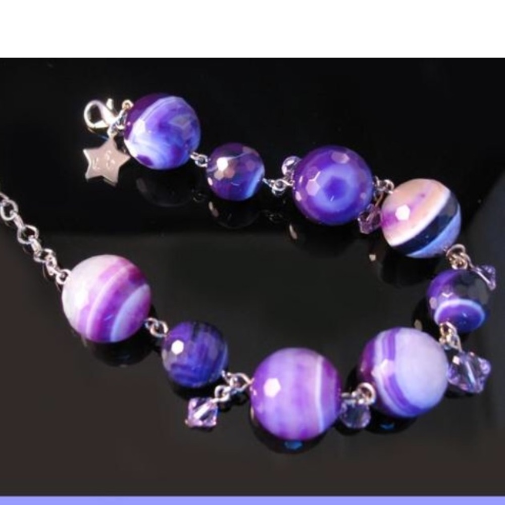 Purple Brazilian banded agate Swarovski bracelet silver